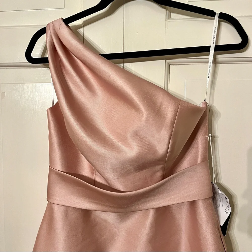 Alfred Sung Draped One-Shoulder Satin Maxi Dress Pockets Toasted Sugar 4 AS IS - Picture 5 of 16